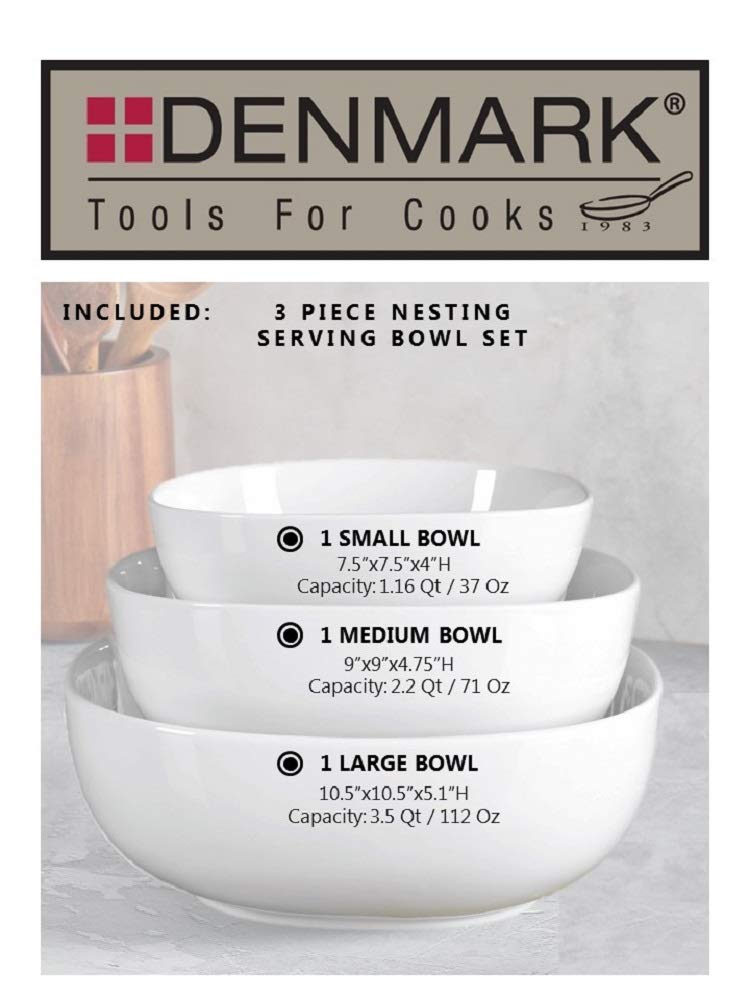 Denmark White Porcelain Chip Resistant Scratch Resistant Commercial Grade Serveware, 3 Piece Serving Bowl Set
