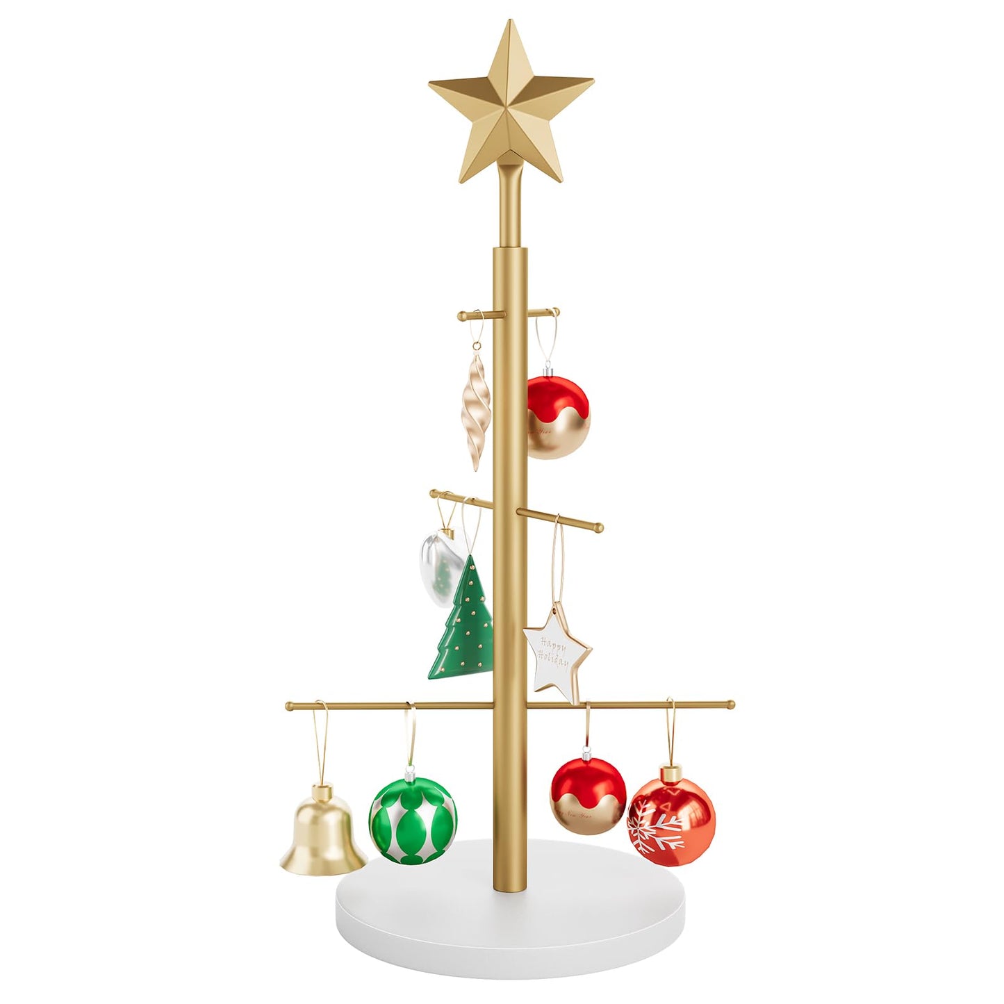 ELYKEN 22.8 Inch Christmas Ornament Display Stand Tree for Desktop with Wooden Stable Base, 6 Metal Holder for Baubles and Holiday Decorations, Gold