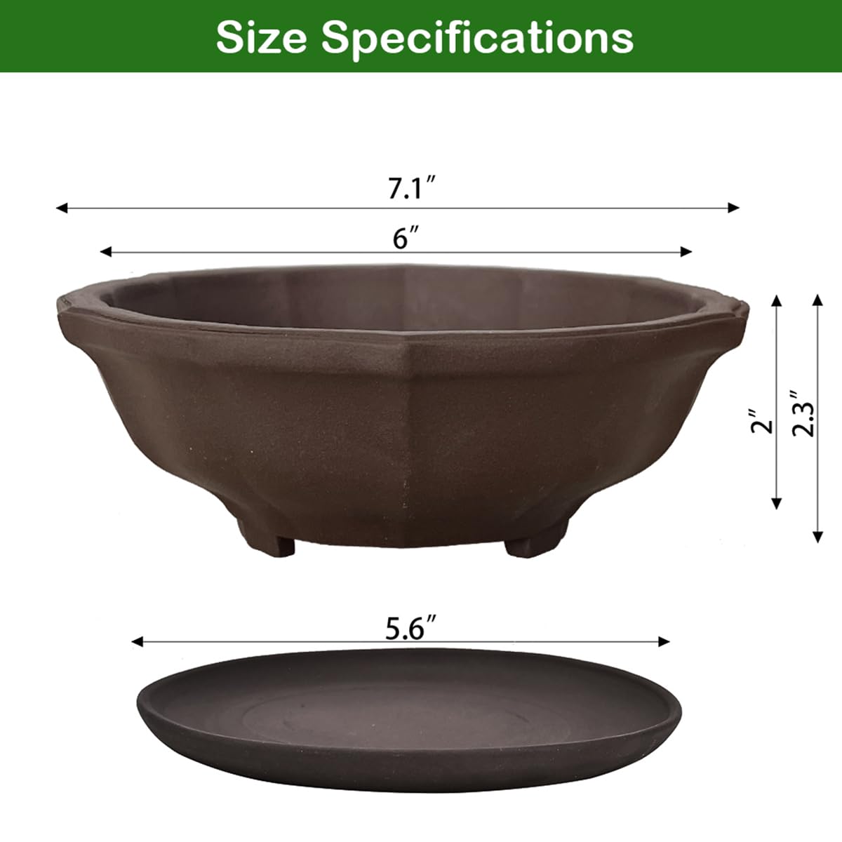 MUZHI 6.8 inch Unglazed Flower Shape Ceramic Bonsai Pot Bowl with Saucer,Classic Retro Zisha Pottery Planter Round for Tree Cactus Succulent Arrangement