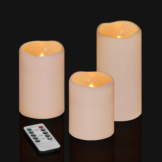 Flameless Candles 4" 5" 6" Set of 3 Ivory Outdoor Indoor Pillars 3" Diameter Battery Operated Flickering Candles Include 10-Key Remote Timer Function 400+ Hours Requires 2 AA Batteries（3 Pack)