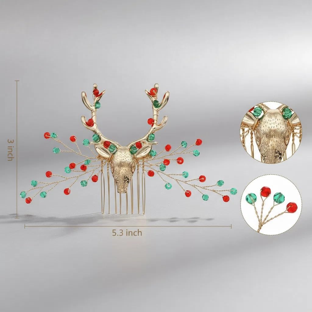 Reindeer Antler Hair Comb with Red Green Beads Gold Christmas Antler Side Comb for Women Cute Xmas Headpiece Red Bridal Accessories for Wedding Birthday Festive Party