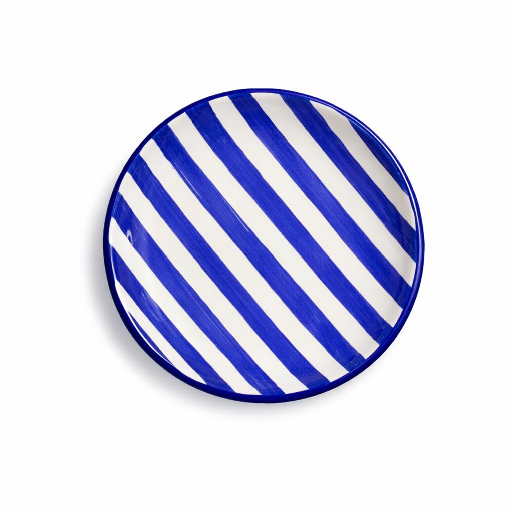 City to Cottage Handmade Dark Navy Blue Stripe Glazed 7.9inch/20cm Side Plate, Dessert Plate, Unique Ceramic Dinnerware, Housewarming Gift