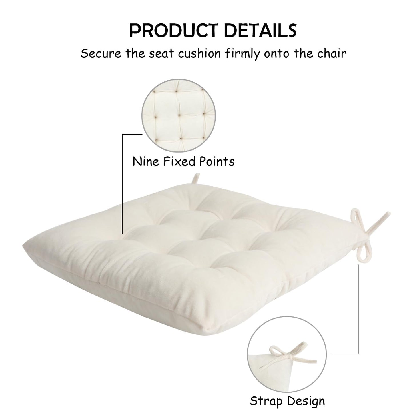 MissSoul 2 Pack Square Seat Cushion Chair Pads for Kitchen Dining Chairs, Soft Comfort Velvet Chair Mat Pillow Cushions with Ties for Office Desk Living Room Tatami 15.5", Ivory
