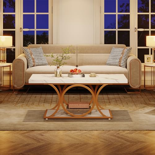 Tribesigns 46.45” Rectangle Coffee Table, Modern Coffee Tables for Living Room, 2-Tier Faux Marble Wood Coffee Table with Geometric Legs, Furniture with Storage Shelf (White & Gold)