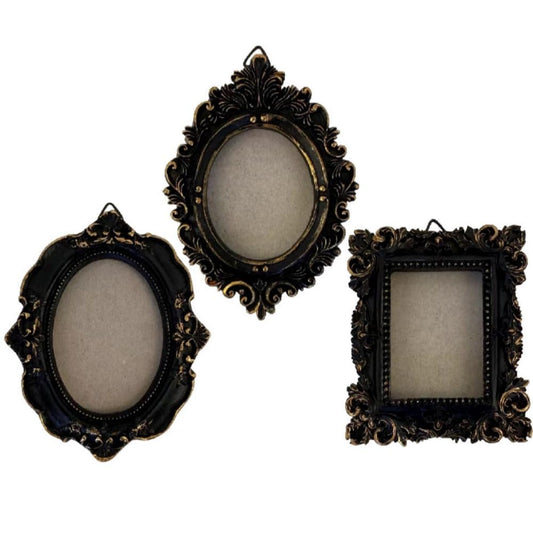 CCUUHJ Vintage Decorative Mini Picture Frames Set, Black with Gold Accents, 3 Pack Antique Style Resin Photo Frames for Wall Display, DIY Jewelry, Photography (Black gold)