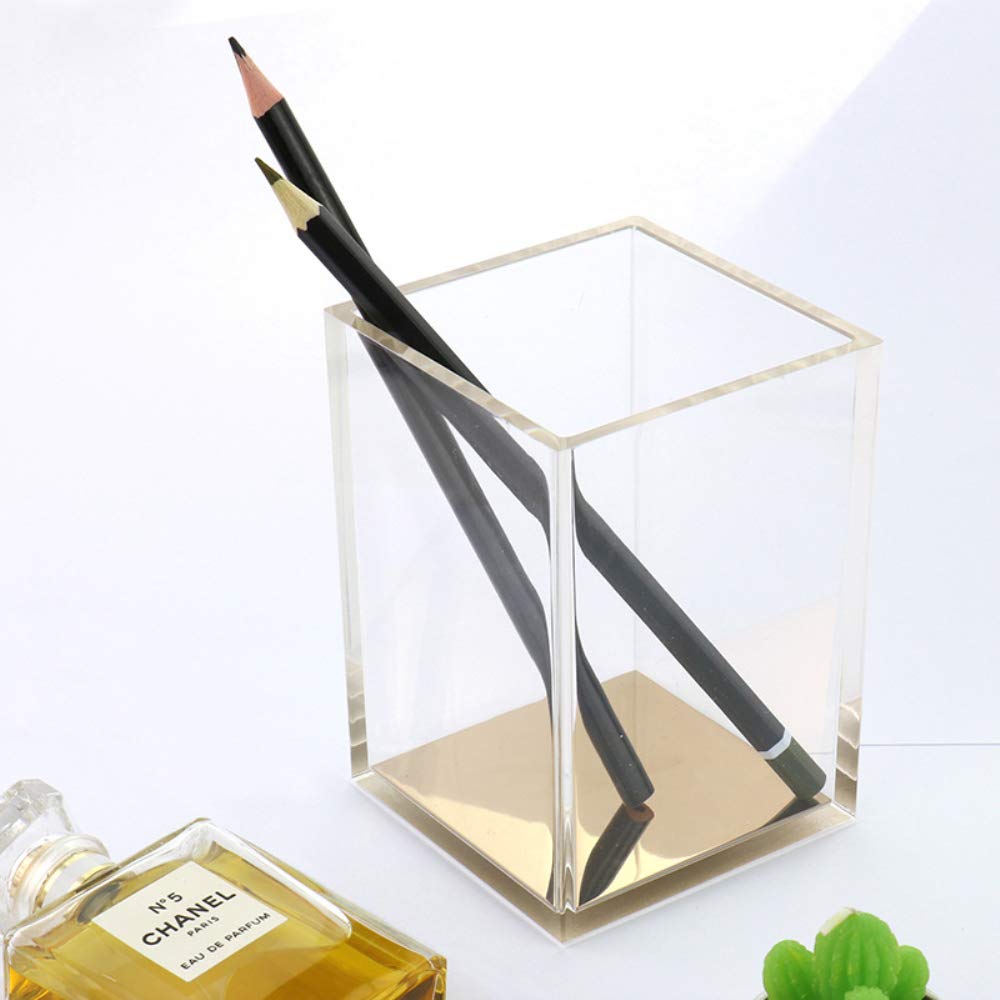 MEI YI TIAN Gold Memo Pad Holder Pencil Cup Set Self-Stick Notes Cube Tray Glitter Desktop Accessories Dispenser for Office Home School Stationery Makeup Brush Organizers (Gold & Clear)
