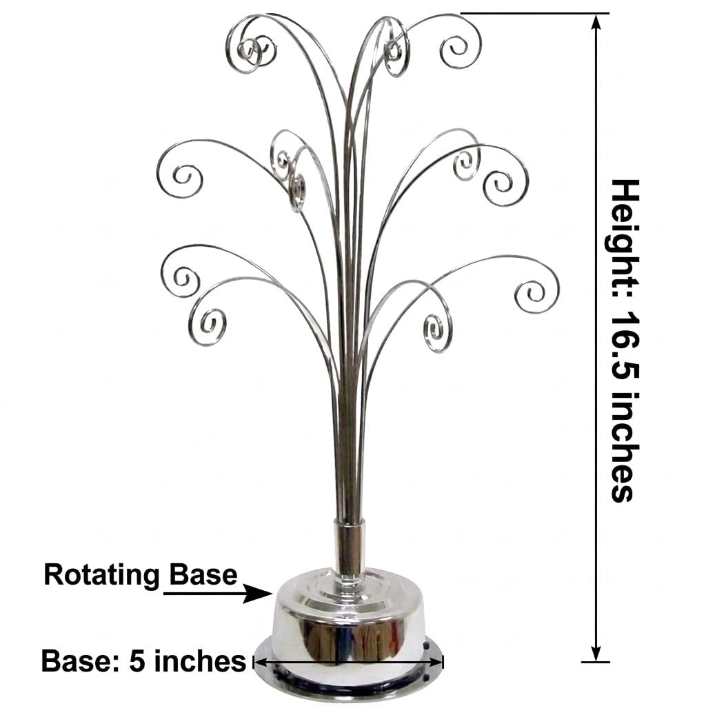 HOHIYA Ornament Display Stand 360° Rotating Christmas Tree Display with 15 Metal Hooks Tabletop Ornament Hanger for Crystal Glass Baubles Elegant Chrome Silver Eater Decor