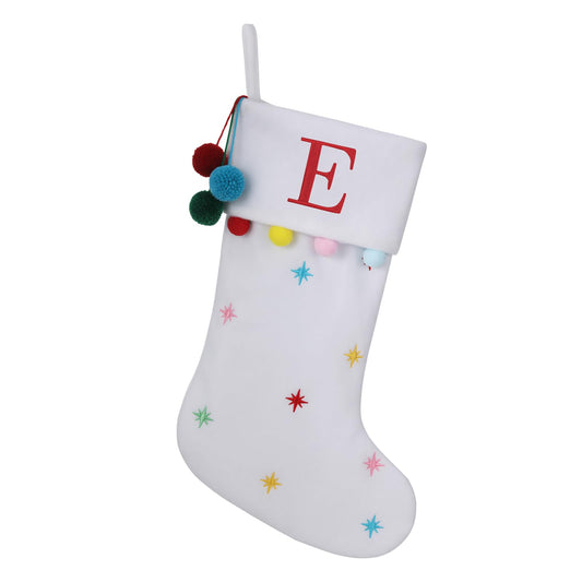 SIRIPHUM 19.5 Inches Initial Monogram White Christmas Stocking Personalized, Embroidered Letter Fleece Christmas Stocking with pom poms Decoration for Family Christmas Holiday Party Decor-E