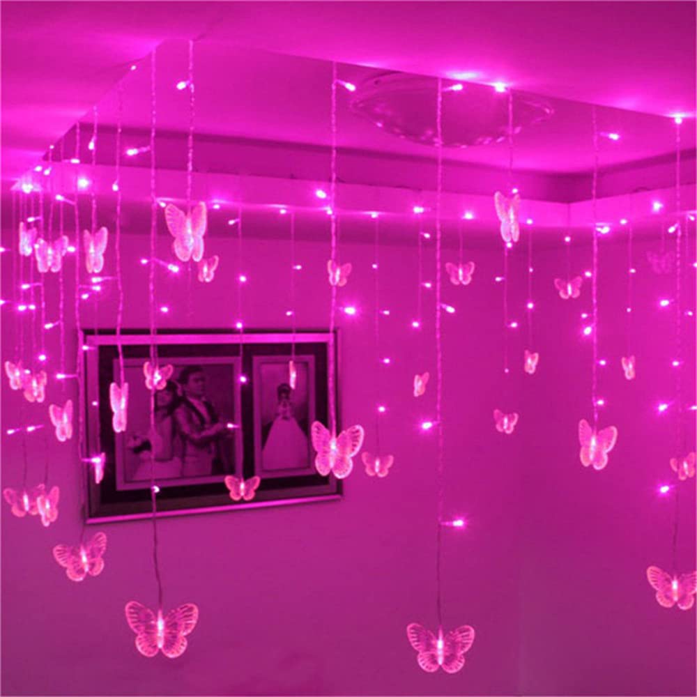 Lainin USB Powered String Light 13FT 96LED Curtain Light 16 Butterflies Strings 8 Mode Fairy Light Strip for Party Indoor Outdoor Room Garden Wall Wedding Christmas Xmas Decorations (Pink)
