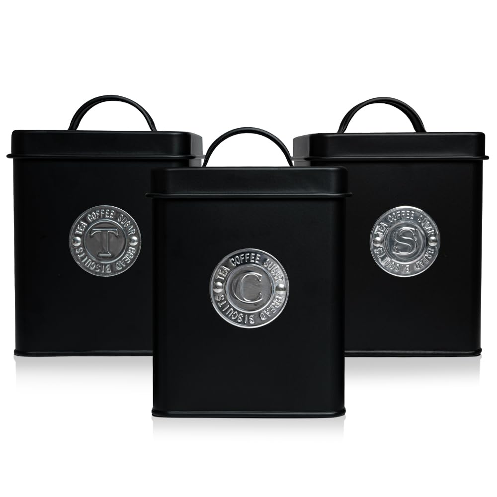 Plexon Canisters Sets for the Kitchen, Kitchen Canisters for Countertop Set of 3, Canister Sets with Lids and Copper Labels, Black