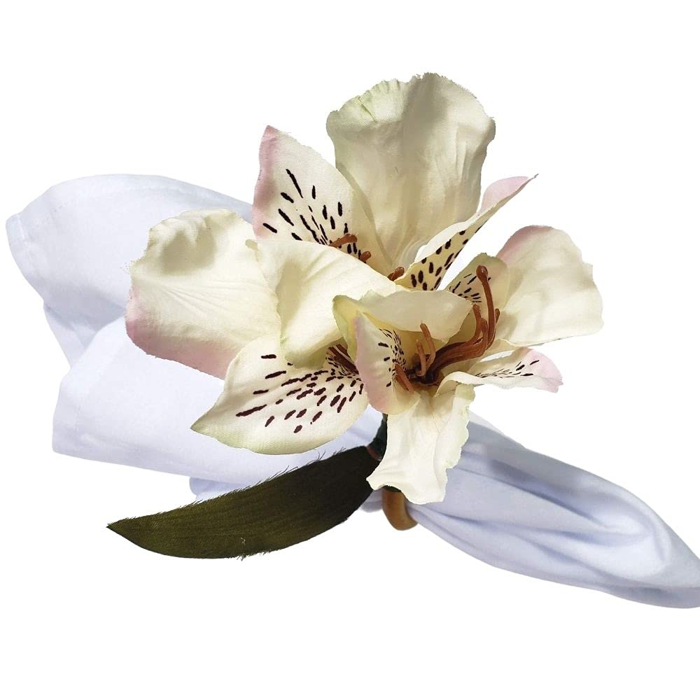 Maison Charlo Set of 4 White Astromelia Napkin Rings | Perfect for Mother's Day, Valentine's, Weddings, Banquets, Christmas, Birthdays, and Thanksgiving
