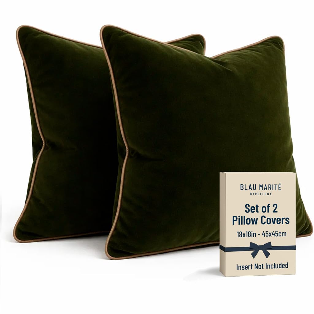 Blau Marité 2 Pack Velvet Decorative Throw Pillow Covers, 18"x18", Green and Camel, Solid, Modern, Contrast Piping, Indoor Use, Bedroom & Living Room