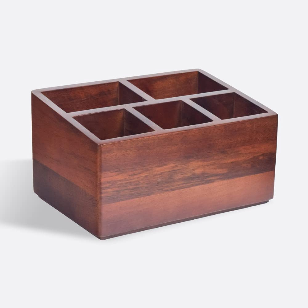 Brick Brown Premium Handcrafted Wooden Spoon stand for kitchen | cutlery holder for dining table | wooden caddy storage organiser stand with 5 section Mahogany Finish(8.75x6x4.5 inch)