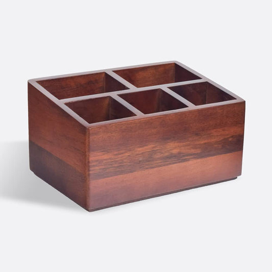 Brick Brown Premium Handcrafted Wooden Spoon stand for kitchen | cutlery holder for dining table | wooden caddy storage organiser stand with 5 section Mahogany Finish(8.75x6x4.5 inch)