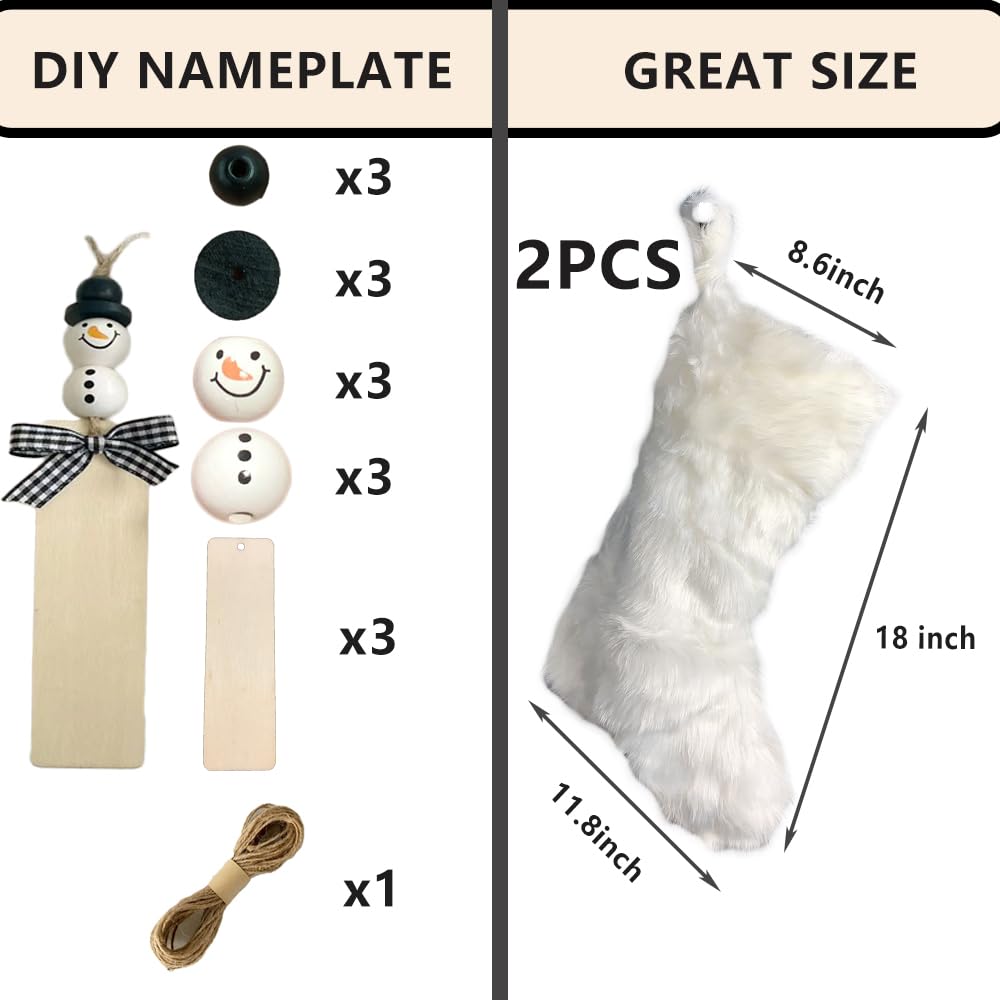 AISENO 2 Pack 18 Inch Snowy White Christmas Stockings Faux Fur Christmas Stockings Hanging Ornaments Candy Gift Bags for Christmas Decorations