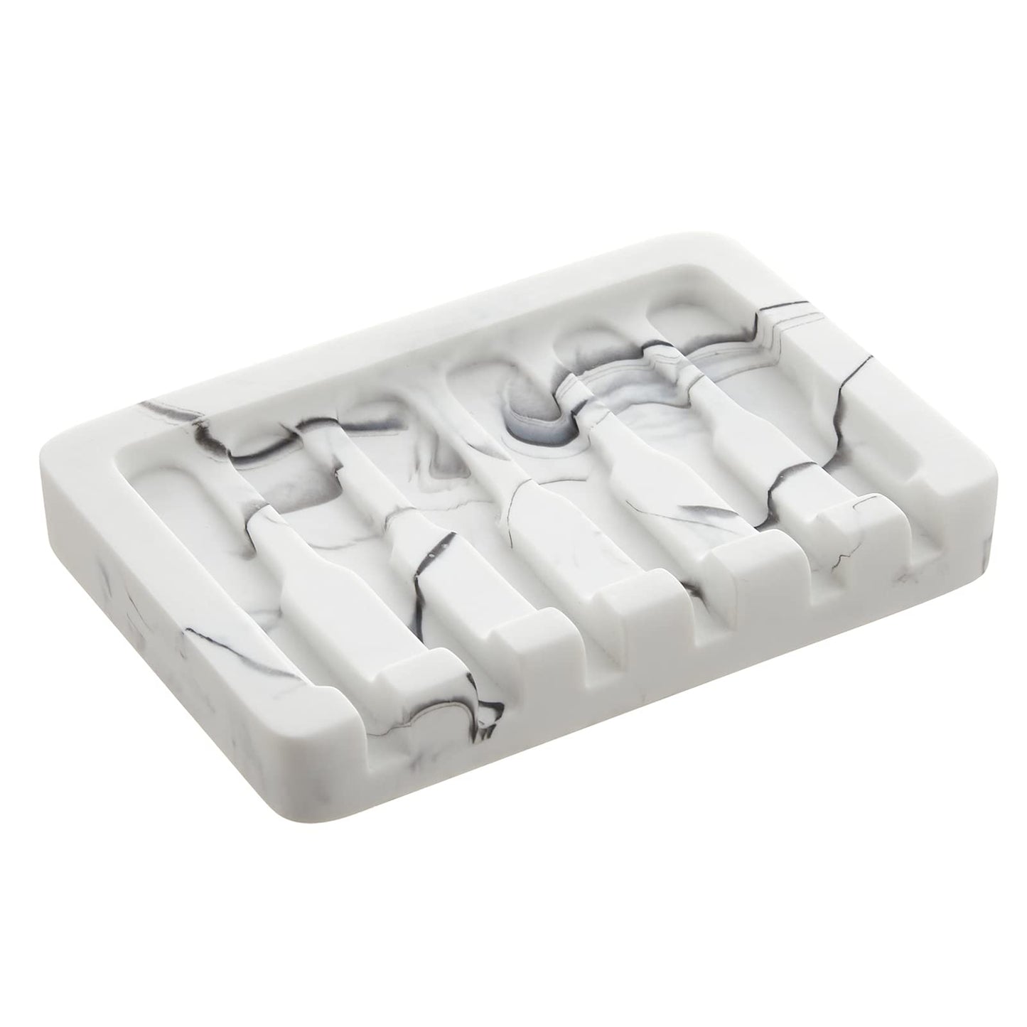 INIUNIK Self Draining Soap Dish - Marble Look Soap Holder Tray Savers Box Container Sponge Holder for Bathroom Shower Kitchen, White