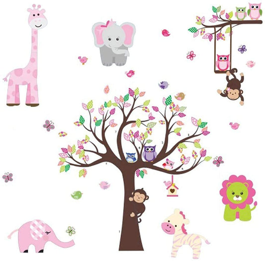 Amaonm Jungle Animal and Tree Wall Decals Removeable DIY Flower Lion Giraffe Owls Wall Sticker Peel and Stick Wall Decor for Nursery Kids Room Bedroom Living Room (B)