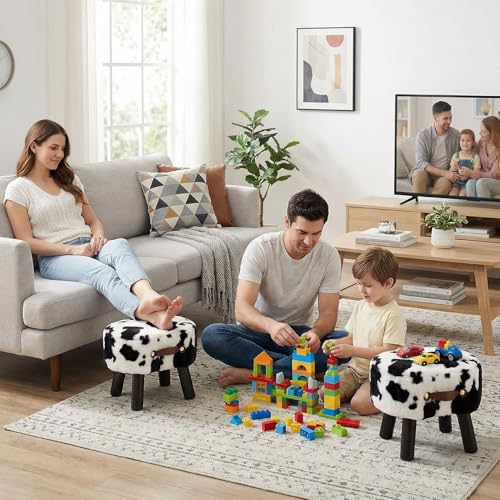 Leesingdo Small Footstool with Handle, Faux Fur Ottoman Foot Rest with Padded Seat, Curved Foot Stool with Wooden Legs, Portable Foot Rest for Living Room, Bedroom, Entryway, Cow