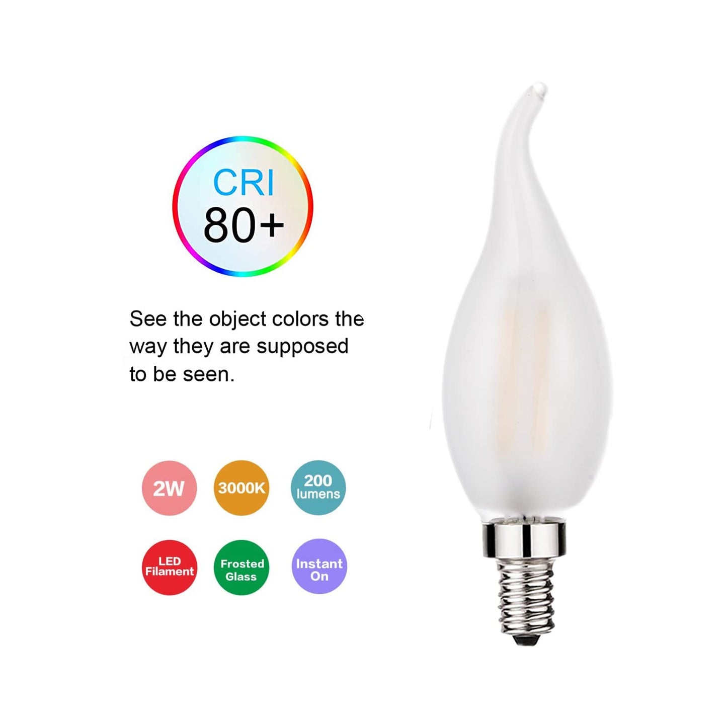 Beonllay LED Candelabra Bulb 25W Equivalent 3000K Soft White Flame tip Frosted Glass 2W LED Filament Bulb E12 Base Decoration E12 LED Bulb Dimmable 12 Pack
