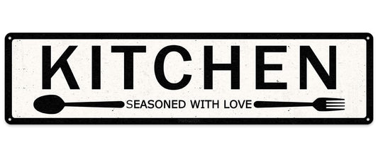 Kitchen Seasoned With Love Vintage Metal Sign for Home Kitchen Farmhouse Bakery Dinning Room Bar Wall Decor Funny Inspirational Poster Wall Art Retro Aluminum Sign 4x16 Inch