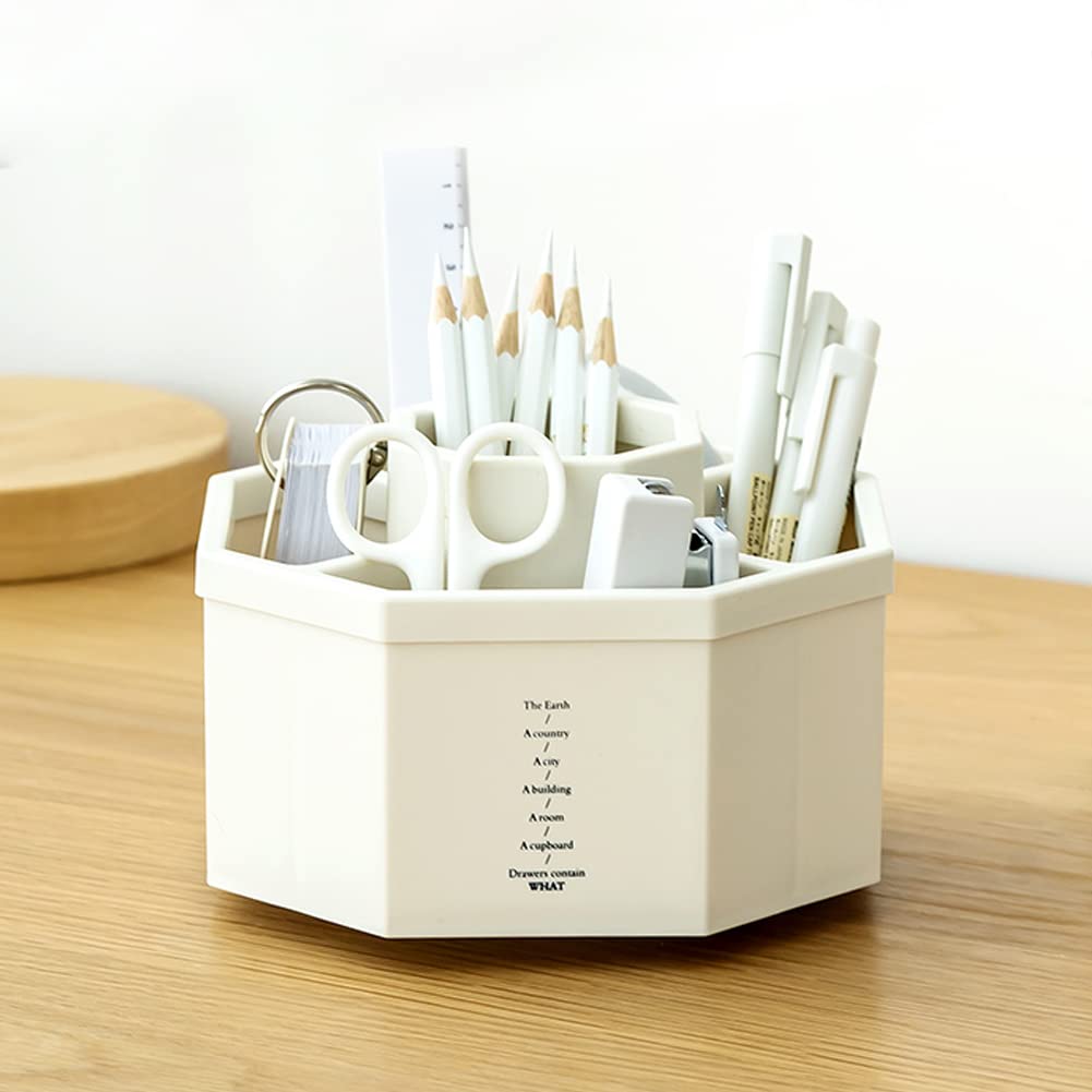 kaileyouxiangongsi Desk Organizer, 360-Degree Rotating Multi-Functional Pen Holder, 5 Compartments Desktop Stationary Organizer, Home Office Art Supply Storage Box Caddy (White)