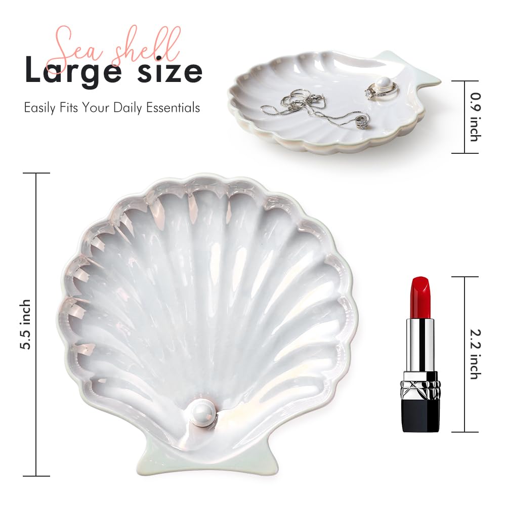 AISBUGUR Shell Ring Holder Dish, Shell Jewelry Tray, Trinket Dish, Cute Decorations for Coastal Home Decor, Bathroom Decor, 5.5", White