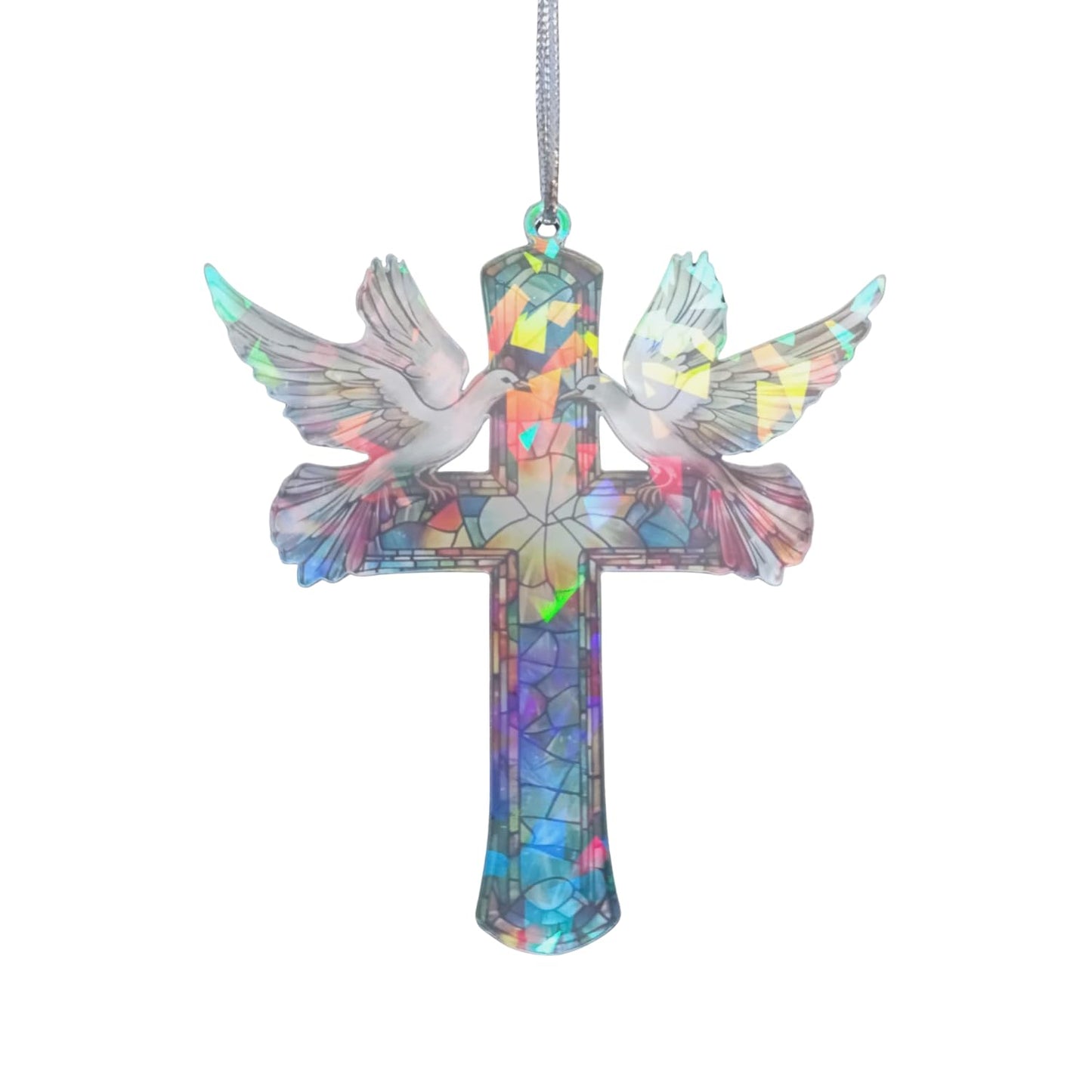 Christian Gifts for Women - Memorial Gifts - Cross Decor – Hologram Acrylic Suncatcher Hanging Decoration – Shimmering Cross with Doves for Window, Christmas Tree, Religious Gifts, Gifts for Mom Girl