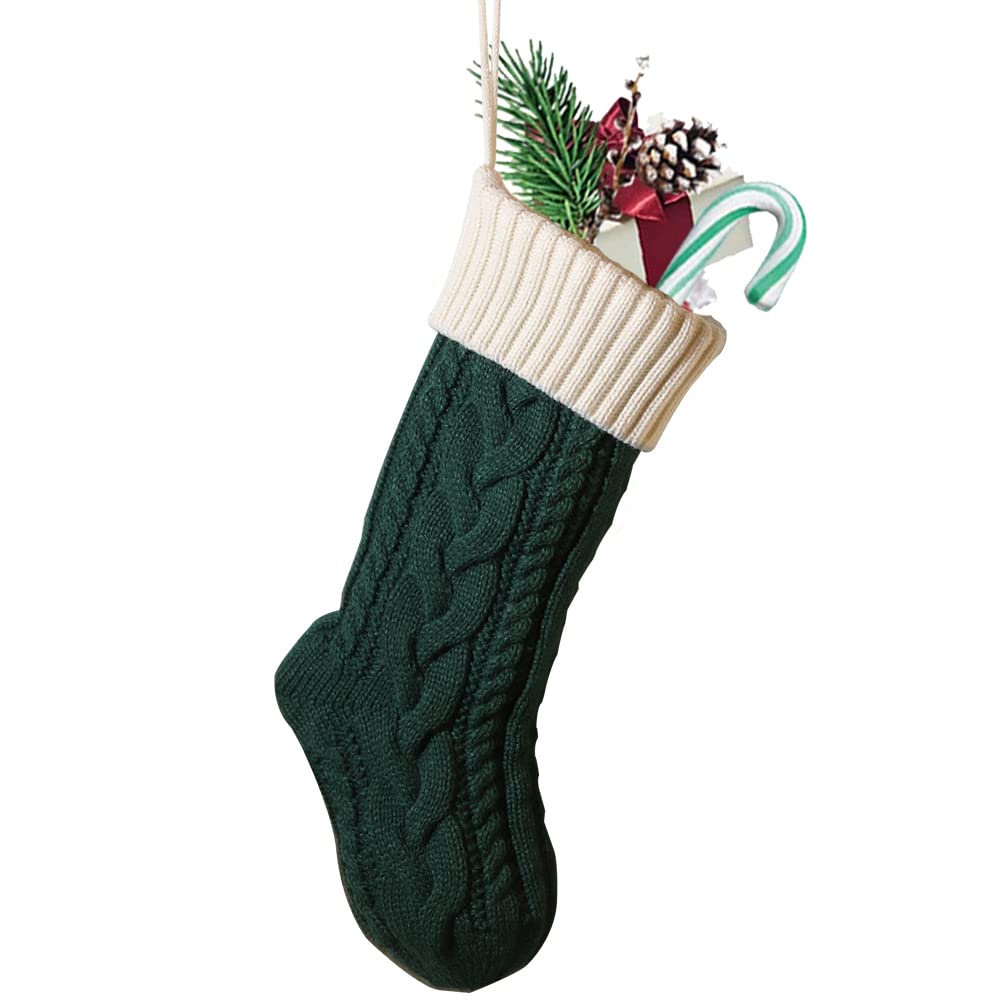 Nanou Christmas Stockings 18" Knitted Christmas Socks Family Holiday Decorations Great Big Stockings for Gift to Family, Friends and Kids (Green(Body)+Ivory (Mouth), Length 18",Pack 1)