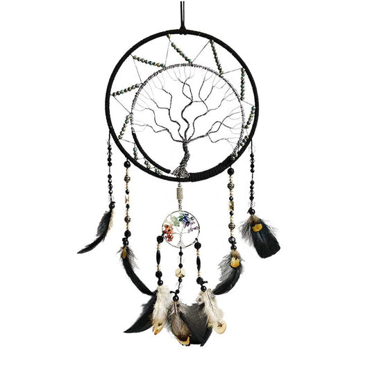 Pretty Jolly 7 Chakras Tree of Life Dream Catcher Wall Decor with Rainbow Healing Crystal Stone Handmade Black Feather DreamCatchers Wall Hanging Ornaments for Bedroom Home Decor Bless Gift Wedding