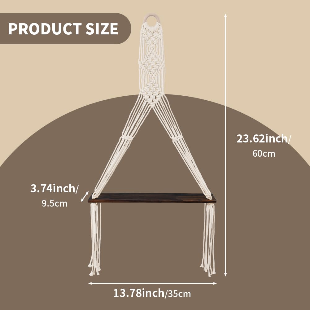 Trenqular 2 Pack Macrame Wall Hanging Shelf,Boho Wooden Display Floating Shelves with Handmade Woven Rope,Rustic Wood Floating Storage Shelf,for Living Room Hanging Plants Photos