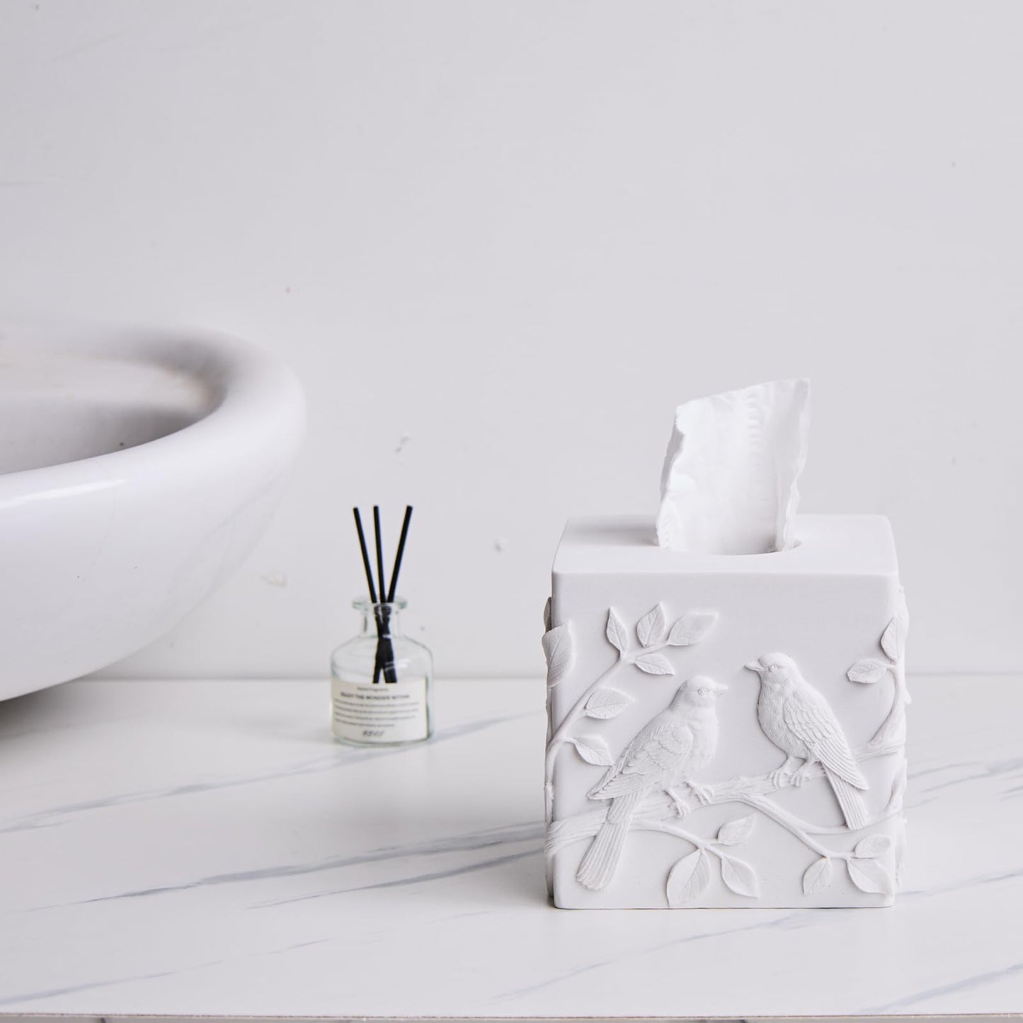 White Marble Relief Birds Square Tissue Box Cover Decorative,Resin Heavy Sturdy Tissue Box Holder, Facial Paper Holder for Bathroom Vanity Countertop, Bedroom Night Stand,Office and End Table