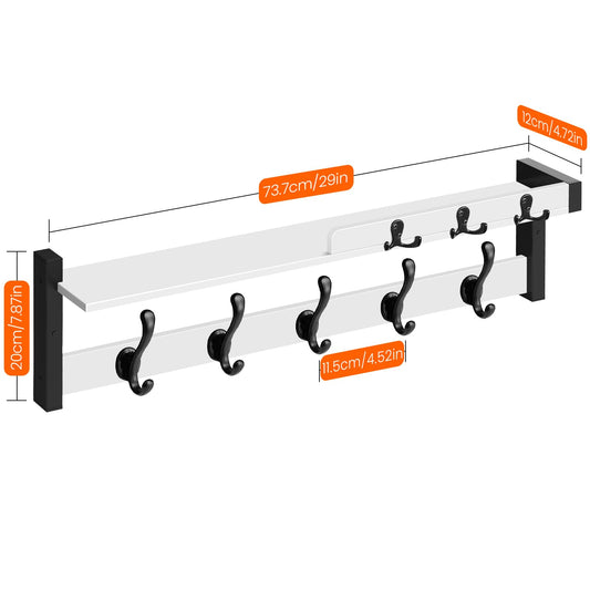 Homode Coat Rack Wall Mount, 29" Modern Floating Shelf with Key and Mail Holder, Wooden Entryway Hanging Shelf with Hooks and Storage for Hat Towel Jacket Purse Backpack Dog Leash, White