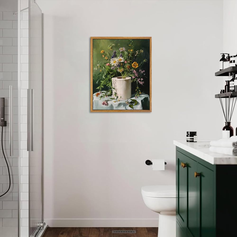 AtterrirArt Framed Funny Bathroom Wall Art, Toilet Paper Picture Painting Print, Vintage Moody Floral Wall Decor, Toilet Canvas Wall Art, Ready To Hang, 12 * 16 Inches