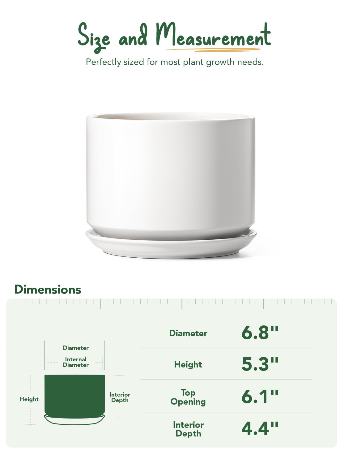 LE TAUCI Ceramic Pots for Plants, 6.8 Inch Plant Pots with Drainage Hole & Saucer, Modern Planter for Indoor Plants, Stable & Durable, Perfect for Living Room or Office Decor, White