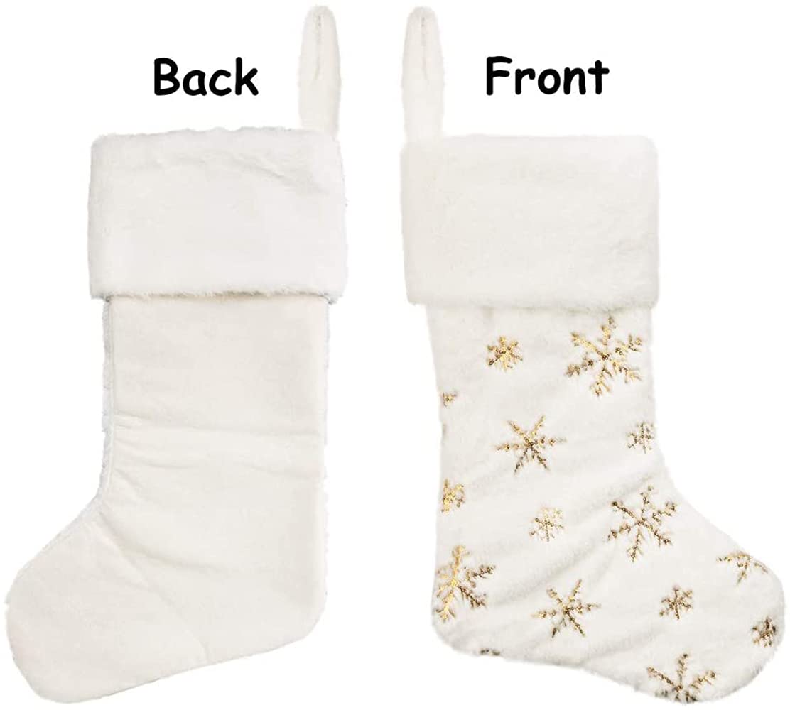 SherryDC White Plush Christmas Stockings 2 Pack, 19" Silver & Gold Snowflake Sequin Embroidered Fireplace Hanging Stockings Set for Christmas Decoration