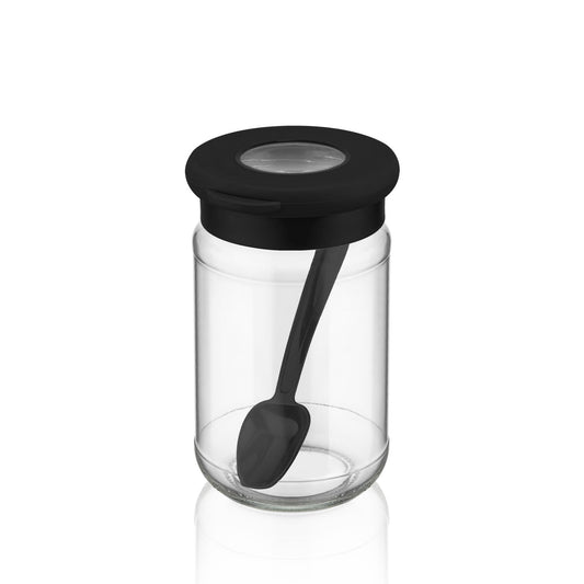 Cev Home Essentials 6-Piece Glass Spice Jar Set with Airtight Lids and Spoons – 380ml (12.8oz) Clear Storage Jars with Transparent Lid Window, Perfect for Storing Spices, Herbs, and Seasonings – Black