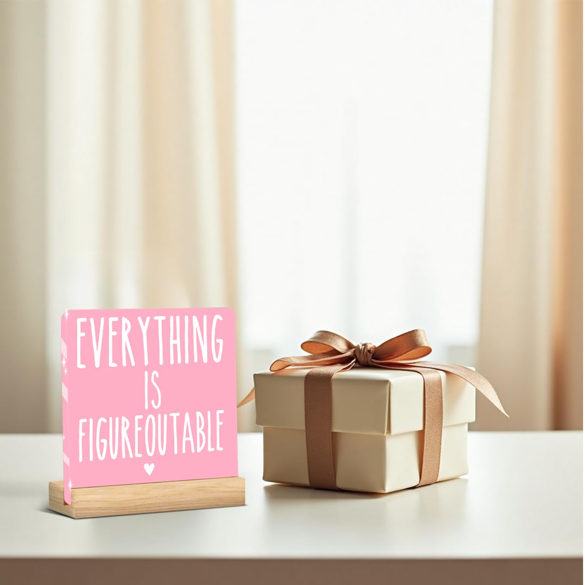 Pink Home Office Desk Decor, Inspirational Farmhouse Acrylic Sign for Tabletop Cubicle Shelf Desk Accessories Everything is Figureoutable Coworker, Friend Beautiful Bookshelf Decor