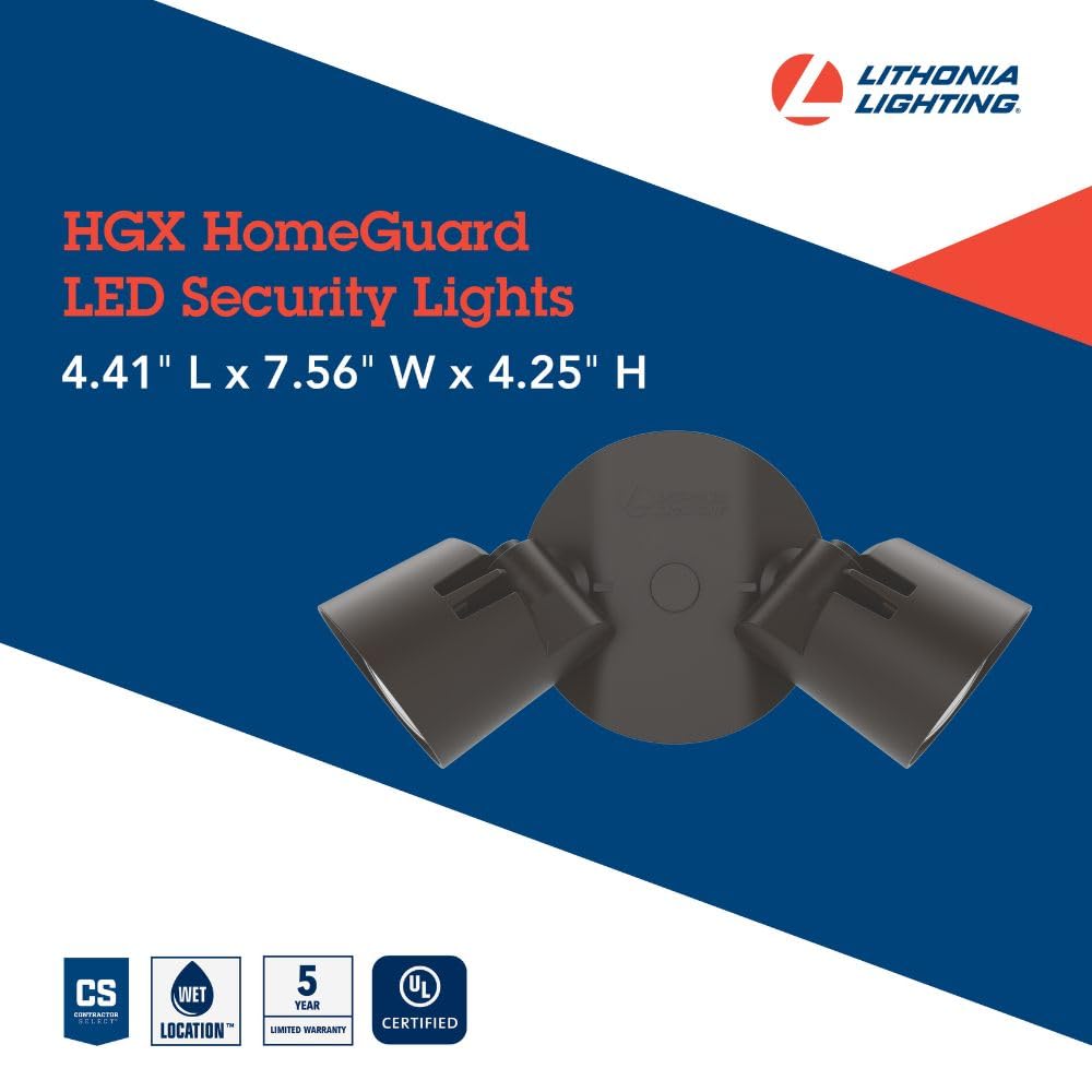 Lithonia Lighting HomeGuard 2-Light LED Outdoor Flood Lights, Wall or Ceiling Mount Outdoor Lights, 4000K Cool White, Round Heads, Dark Bronze (HGX LED 2RH 40K 120 DDB M2)