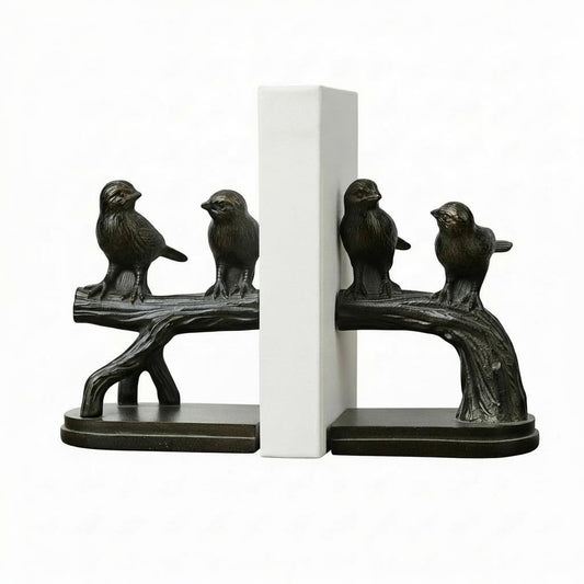 Comfy Hour 6.2" Black Birds on Branch Figurine Style Bookends, Rustic Antique Vintage Bird Statue Home Decor, Heavy Duty Animal Book Stoppers Pair