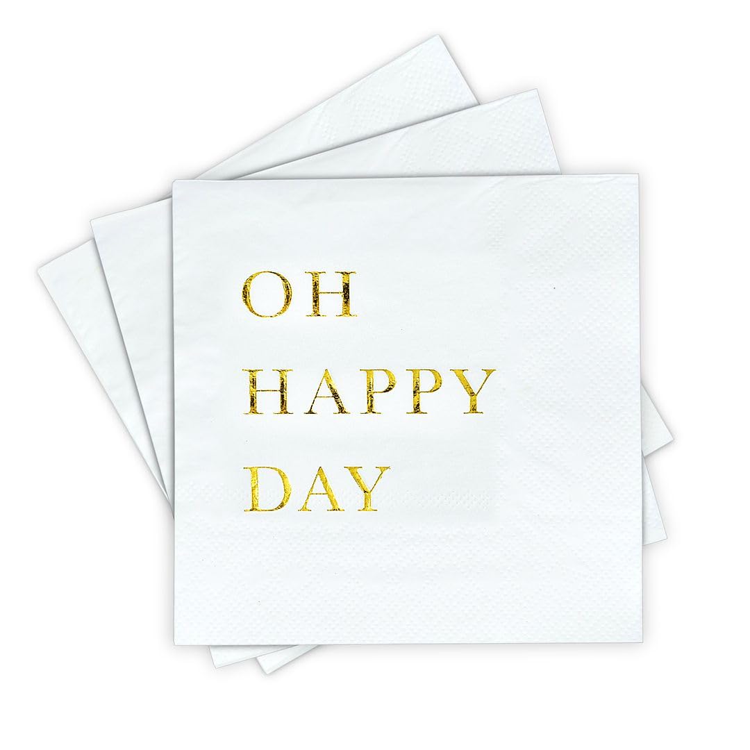 Oh Happy Day Cocktail Napkins - Gold Foil 3-Ply Disposable Napkins for Weddings, Engagements, Bridal Showers, Baby Showers, Birthdays, Anniversaries & Happy Celebrations
