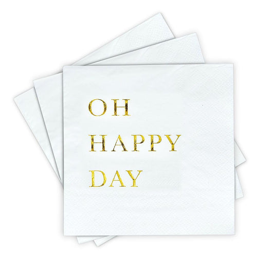 Oh Happy Day Cocktail Napkins - Gold Foil 3-Ply Disposable Napkins for Weddings, Engagements, Bridal Showers, Baby Showers, Birthdays, Anniversaries & Happy Celebrations