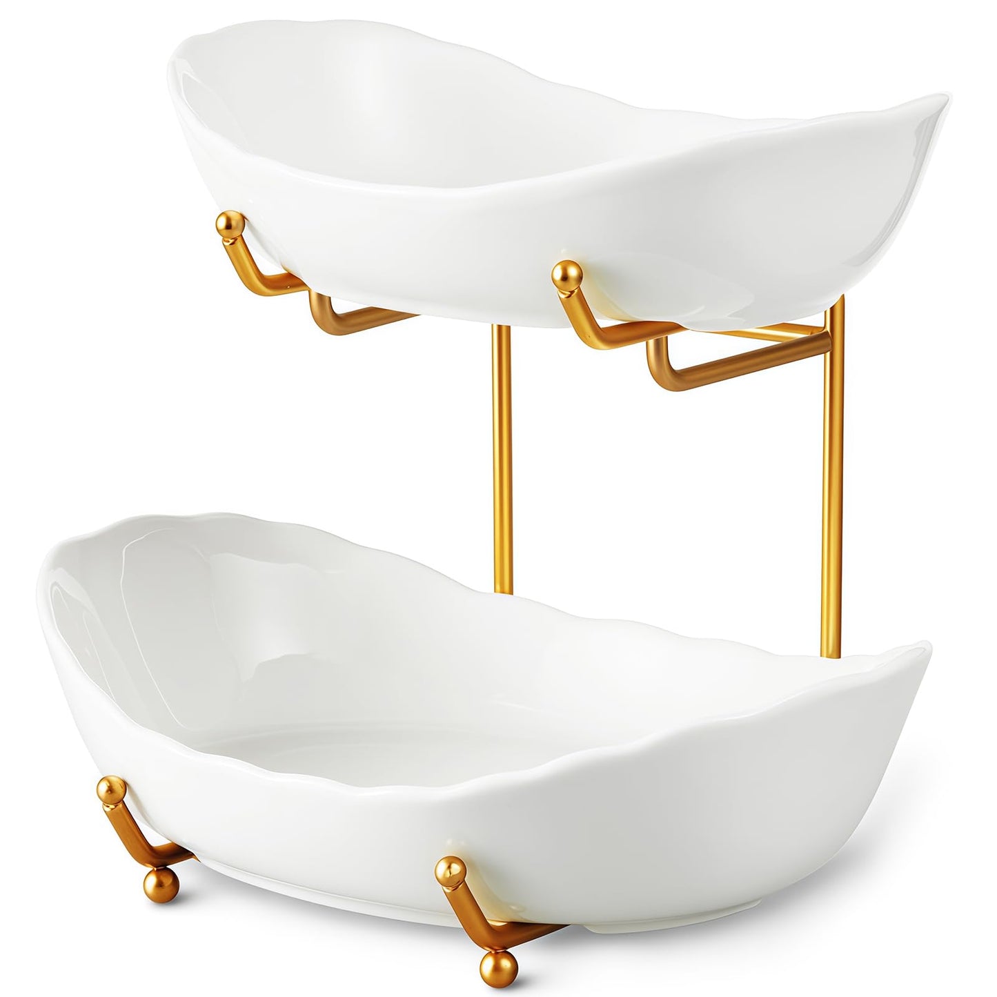 HOMKULA 2 Tier Ceramic Fruit Bowl for Kitchen Counter, Tiered Fruit Basket for Countertop, Modern Multi Layer Fruit Display Stand for Party, Cute (Gold&White, Small) 1