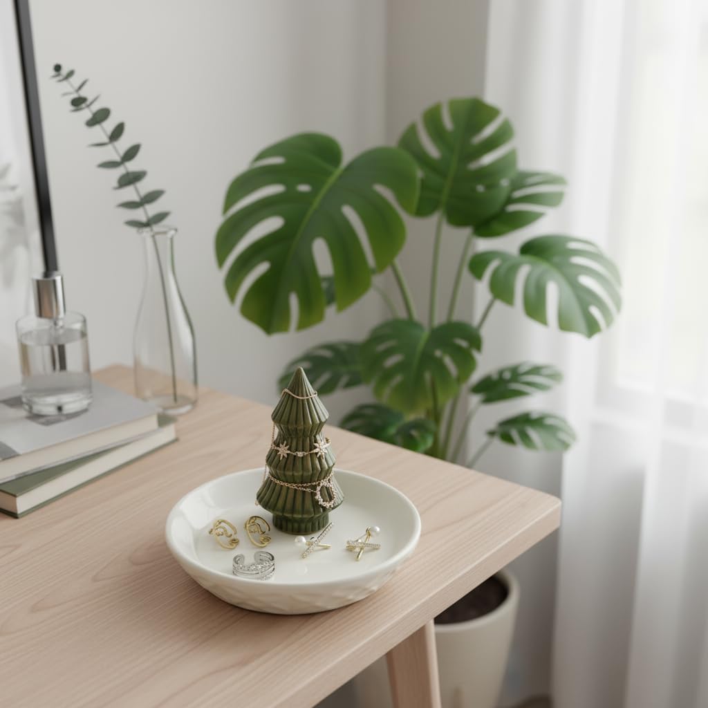 mono living Moss Green Christmas Tree Ring Dish - Ceramic Jewelry Holder for Kitchen Sink or Vanity - Aesthetic Sage Green Room Decor, Holiday Xmas Tree Trinket Tray, Christmas Gifts for Women