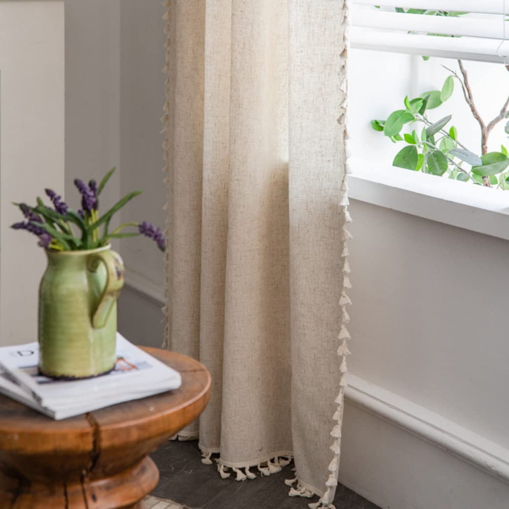 AMZALI Cotton Linen Textured Curtains with Tassel Semi-Blackout Drapes Farmhouse Window Curtain Panels Rod Pocket Curtain for Living Room Bedroom One Panel 84 Inch Length