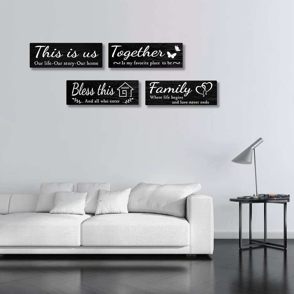 IDATOO 4 PCS Home Wall Decor Signs, Rustic Wooden Living Room Hanging Decorations with Quotes THIS IS US/TOGETHER/BLESS THIS/FAMILY, Housewarming Gifts for Wedding Kitchen