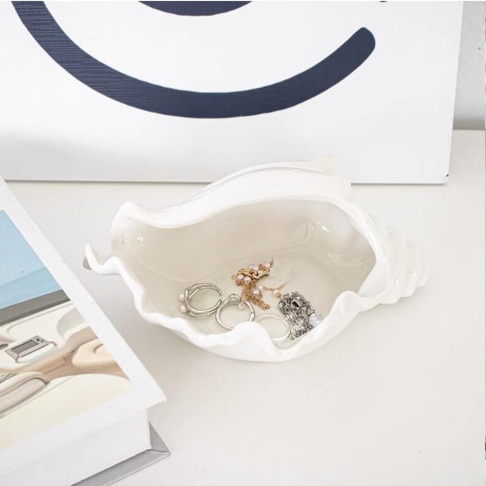 QIAOIDEA Conch Shell Tea Light Candle Holder, Shell Jewelry Dish, Ocean Coastal Beach Themed Ceramic White Sea Shell Jewelry Tray Dish Candy Dish Key Holder for Table Home Party Décor