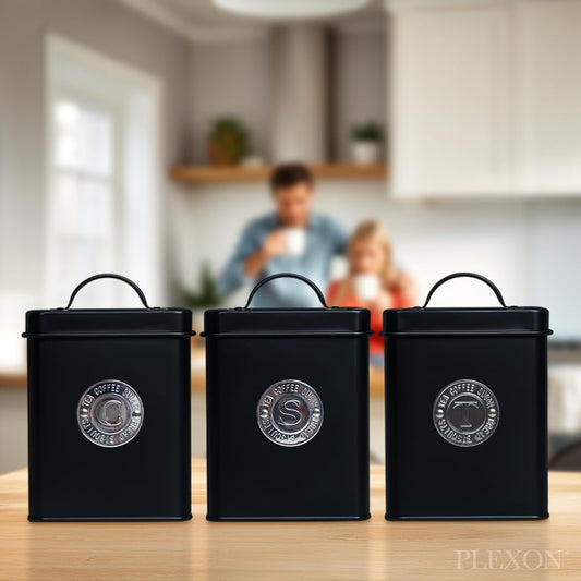 Plexon Canisters Sets for the Kitchen, Kitchen Canisters for Countertop Set of 3, Canister Sets with Lids and Copper Labels, Black