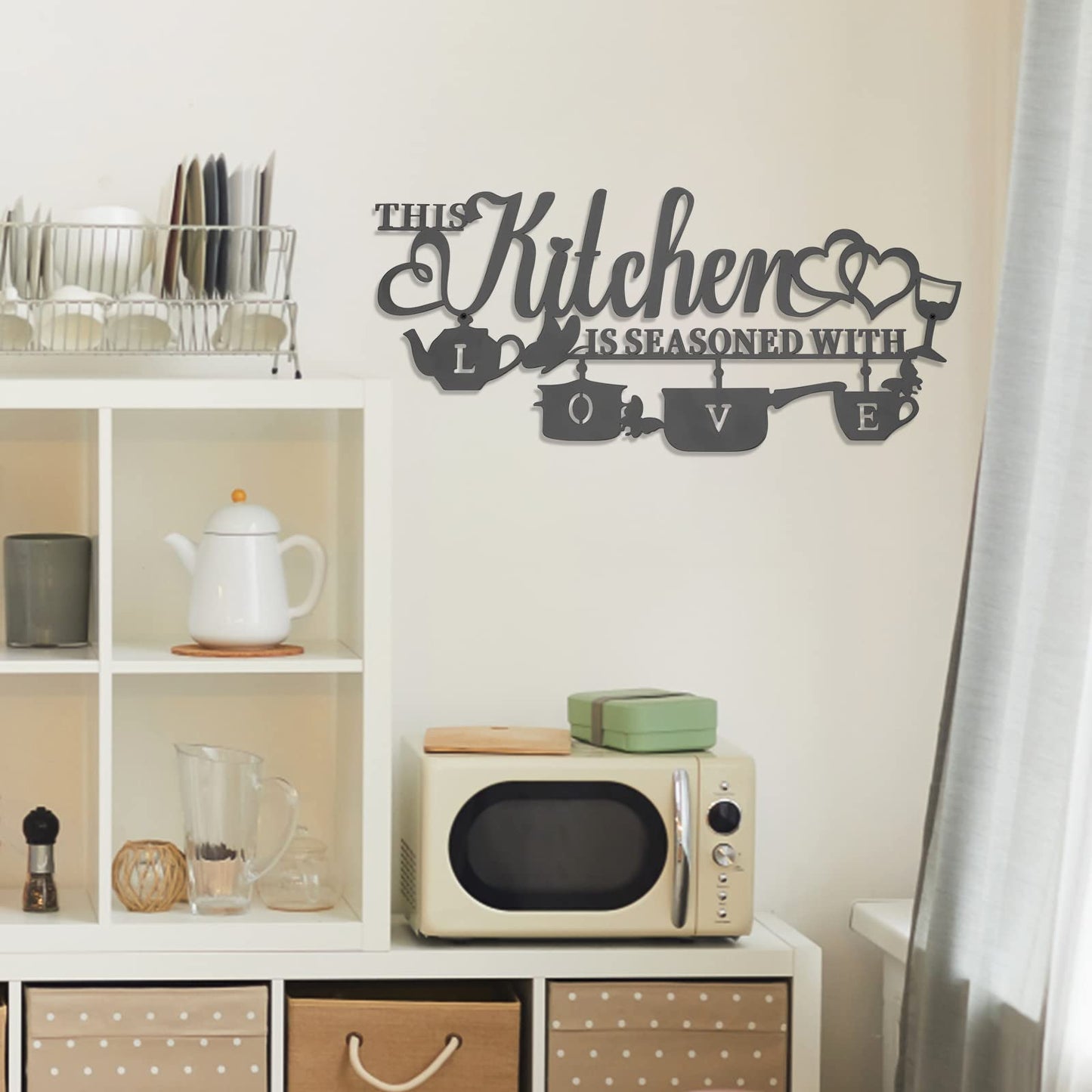 KHayRovies Metal Kitchen Wall Decor, This Kitchen is Seasoned with Love Black Word Name Sign Hanging Wall Art Decor, Rustic Iron Letters Quotes for Kitchen Farmhouse Dining Room Home Decor (A)
