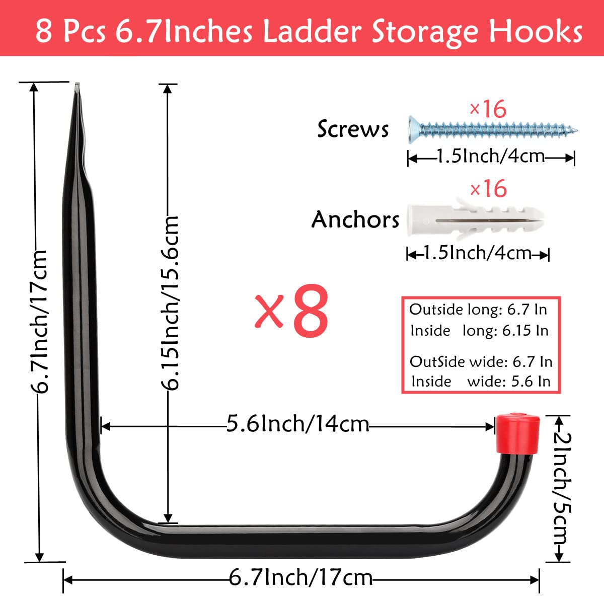 Naikozmo 8 Pack Heavy Duty Garage Storage Utility Hooks, 6.7Inch Wall Hangers Ladder Hooks for Garden Tool, Bike, Chair, Hose, Outdoor or Indoor 6.7 x 6.7 x 0.5 inches