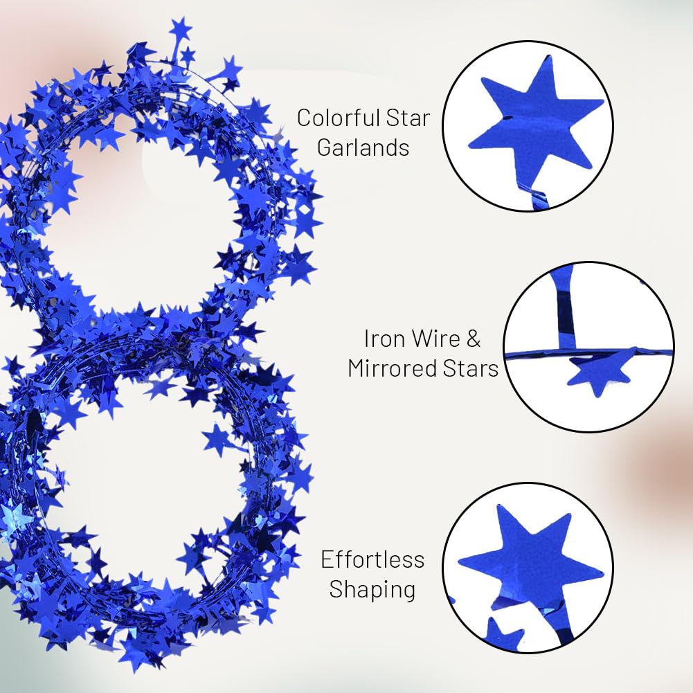 Sunicon Sparkly Star Tinsel Garlands with Wire, 7.5m Star Tinsel Garlands Christmas Star Wire Garland Decorations for Christmas Tree, Home, Wedding, Birthday, Party, Festive Ornament(Blue)